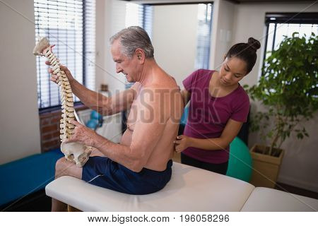 Female therapist examining back of shirtless male patient holding artificial spine at hospital ward