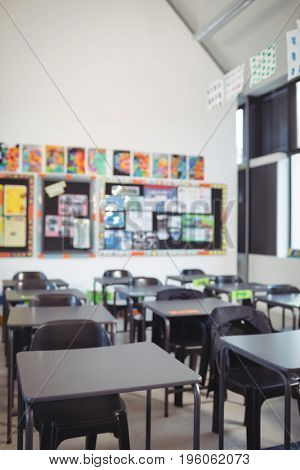 Empty benches in classroom at school