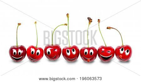 Group of cherries isolated on white background. Funny characters from the original idea of the concept.