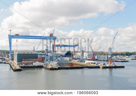 Keil, Germany-July 05, 2017: Keil harbor and German Naval works