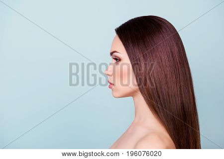 Wellbeing And Wellness, Beauty And Health Concept. Coseup Side Profile Photo Of Young Brunette Girl.