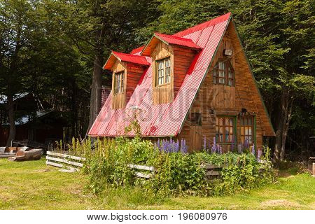 wooden house Argentine Patagonia in the morning sun