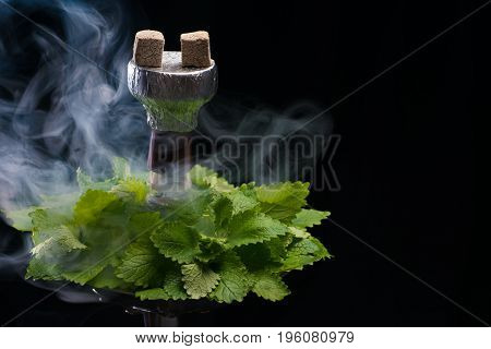 Mint smoking hookah with leafs on black background
