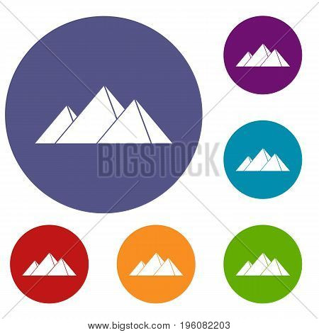 Pyramids in Giza icons set in flat circle red, blue and green color for web