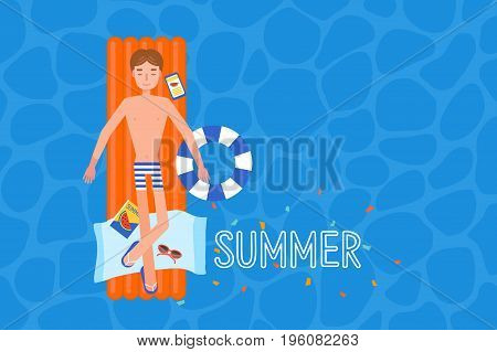 young man on the airmattress at the swimmingpool.
