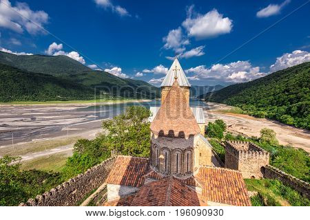 Castle complex with church on Aragvi river Ananuri, Georgia.