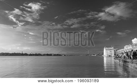 July 15,2017. Babughat, Kolkata,West Bengal,India.  a monochrome view from babughat at the time of Sunset.