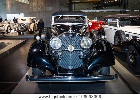 STUTTGART GERMANY- MARCH 19 2016: Full-size luxury car Mercedes-Benz 770 (W07) Grand Mercedes open tourer 1937. Mercedes-Benz Museum.