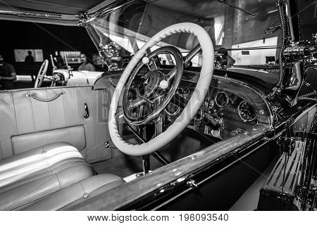 STUTTGART GERMANY- MARCH 19 2016: Cabin of luxury car Mercedes-Benz Typ SS (Super Sport) 1930. Black and white. Mercedes-Benz Museum.