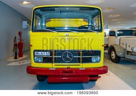 STUTTGART GERMANY- MARCH 19 2016: Fuel oil tank truck Mercedes-Benz LP 1513 1974. Mercedes-Benz Museum.