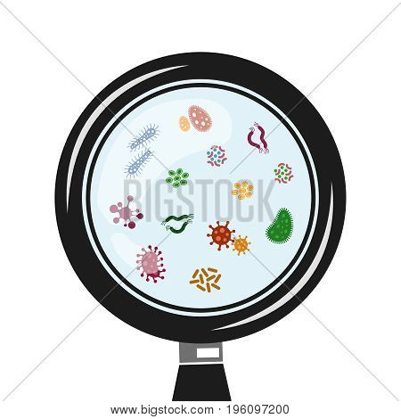 Viruses and microbes in the magnifier vector. Infection and illness illustration