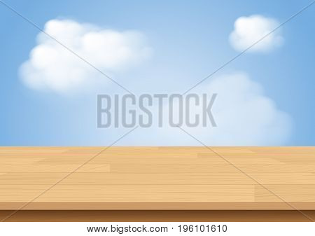 Wood table top on sky and cloud background. Vector illustration