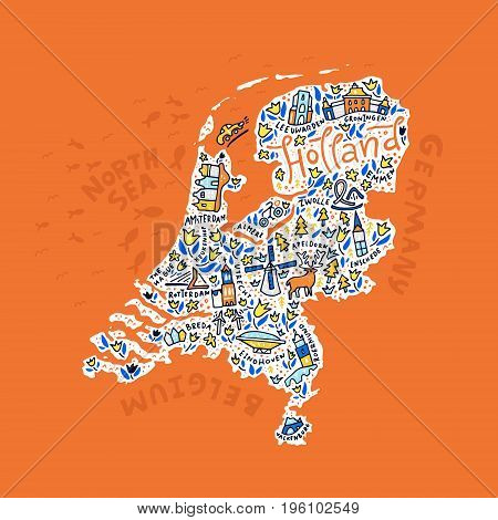 The Holland map with the different symbols and the lettering. Vector illustration.