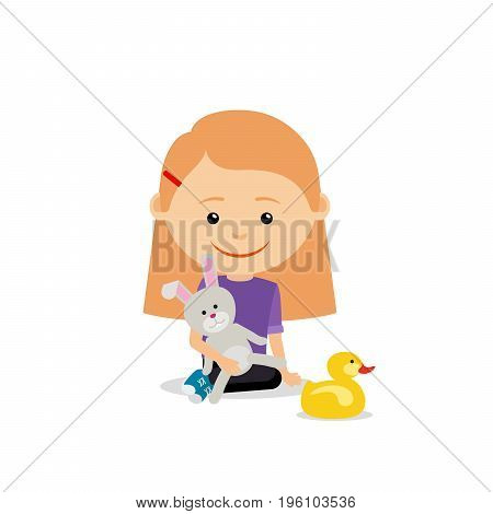 Little girl with a toy rabbit sitting on the floor, isolated on the white background. Vector illustration