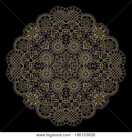 Floral lace style gold and black linear round decorative element, vector illustration