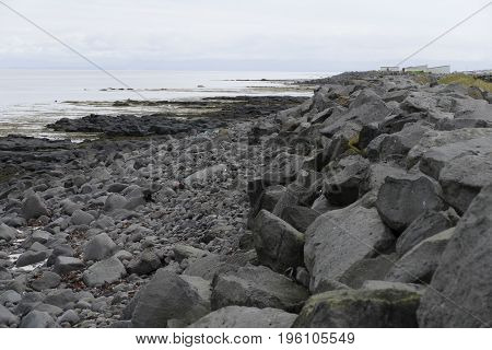 Stony Shore On Gardur In Iceland