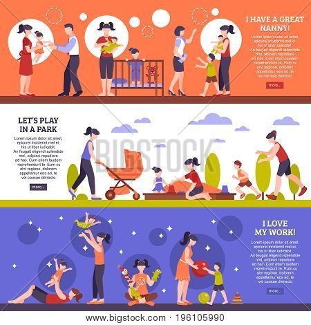 Nanny horizontal banners set with children and family symbols flat isolated vector illustration