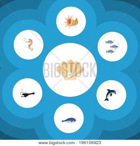Flat Icon Nature Set Of Cachalot, Fish, Conch And Other Vector Objects