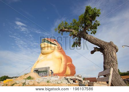 YASOTHON THAILAND - JULY 9 : construction of toad museum at Phaya Thaen Public Park on July 9 2017 in Yasothon Thailand. Big Statue toad is landmark travel in yasothon