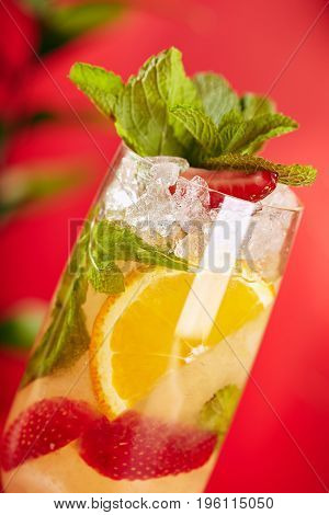 Summer Drink - White Sparkling Sangria. Sangria Drink with Orange, Strawberry and Mint on Bright Red Background. Leaves and Flower on Background