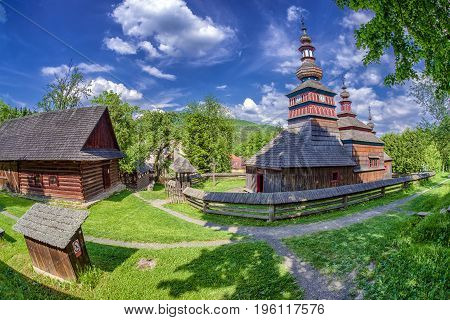 The Greek Catholic wooden church of the Protection of the Most Holy Mother of God from Mikulasova in Saris museum in Bardejov Slovakia