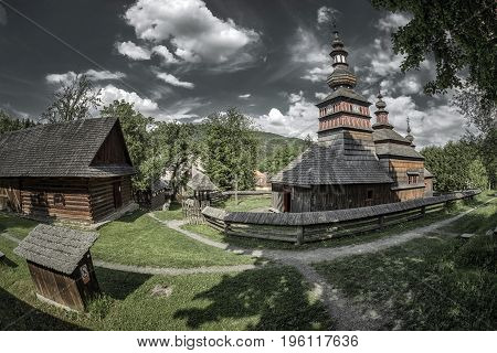 The Greek Catholic wooden church of the Protection of the Most Holy Mother of God from Mikulasova in Saris museum in Bardejov Slovakia