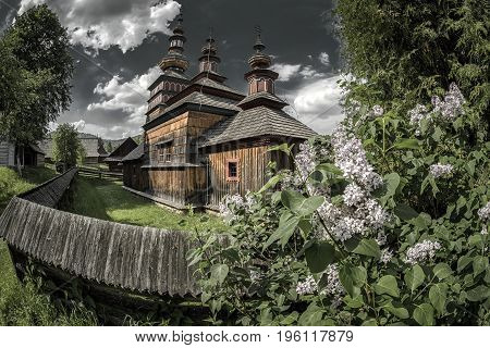 The Greek Catholic wooden church of the Protection of the Most Holy Mother of God from Mikulasova in Saris museum in Bardejov Slovakia