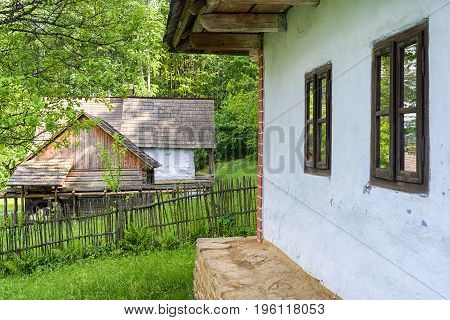Blue rural house in Saris museum Bardejov - Slovakia. Summer 2017