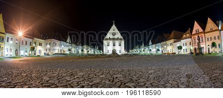 BARDEJOV SLOVAKIA - MAY 13: Empty square at historic Unesco town Bardejov at night May 13 2017 in Bardejov