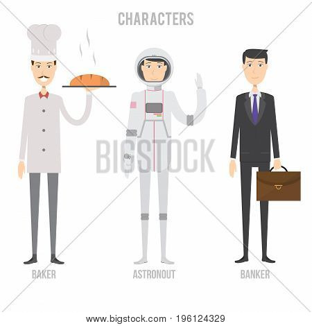 Character Set include baker, astronout and banker | set of vector character illustration use for human, profession, business, marketing and much more.The set can be used for several purposes like: websites, print templates, presentation templates, and pro