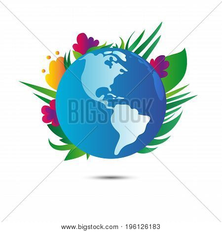 Earth planet with flowers on white background. Earth day. Vector
