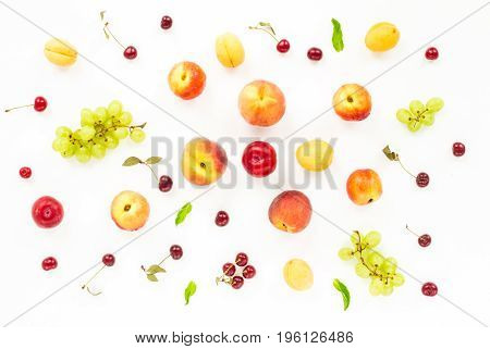 Colorful Fruits Assorted. Healthy Fresh Fruit Background With Garpes, Plum, Nectarine, Peach, Aprico