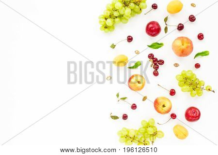 Colorful Fruits Assorted. Healthy Fresh Fruit Background With Garpes, Plum, Nectarine, Peach, Aprico