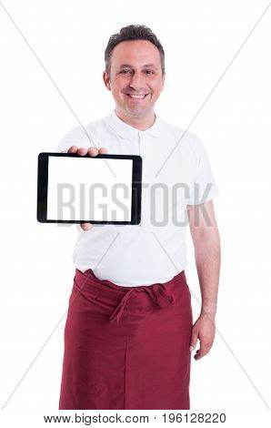 Cheerful Butcher Holding His Modern Tablet With Blank Screen
