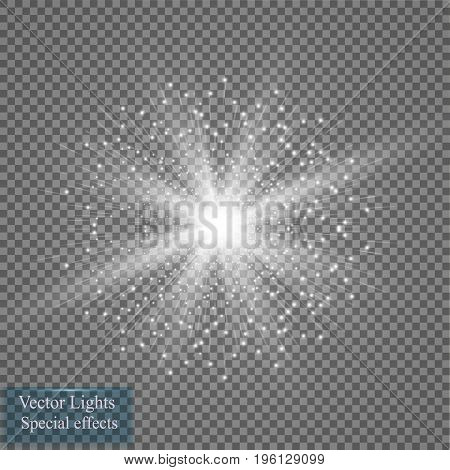 Glow light effect. Starburst with sparkles on transparent background. Vector illustration. Sun