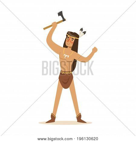 Native american indian in loincloth standing with tomahawk vector Illustration isolated on a white background