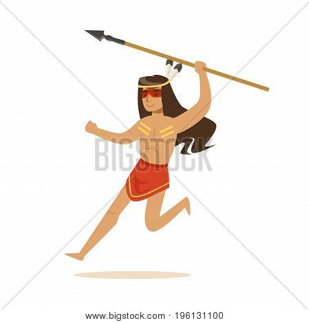 Native american indian in loincloth running with spear vector Illustration isolated on a white background