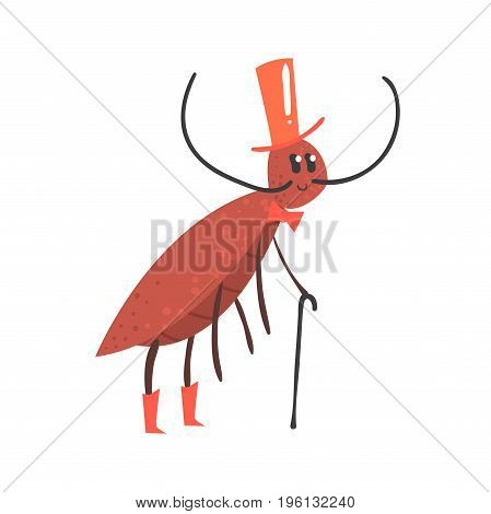 Cute cartoon cricket character wearing a hat and holding cane vector Illustration isolated on a white background