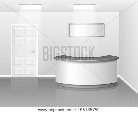 Office or hotel interior with reception or exhibition counter desk. 3d realistic vector illustration. EPS 10