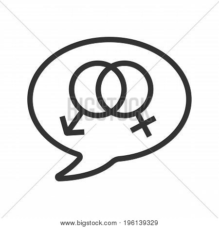 Talk about sex linear icon. Thin line illustration. Chat box with interlocked man and woman signs inside. Contour symbol. Vector isolated outline drawing