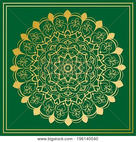 Gold round manala on green background with floral ornament. Stock vector