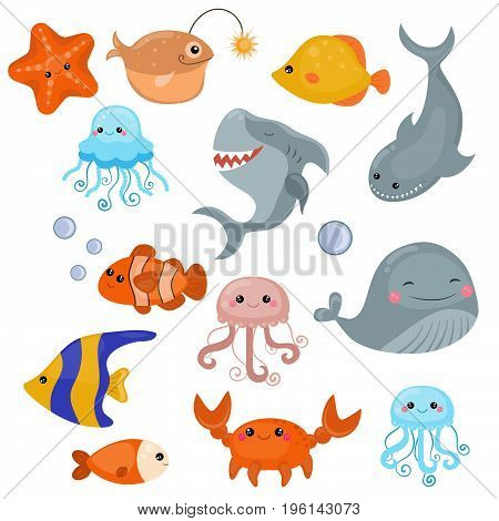 Cute sea life creatures. Isolated vector illustration.