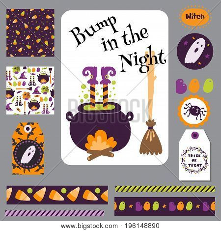 Set Halloween Printable Cards, Banners, Stickers And Notes With Cartoon Cute Pumpkins, Ghosts, Witch