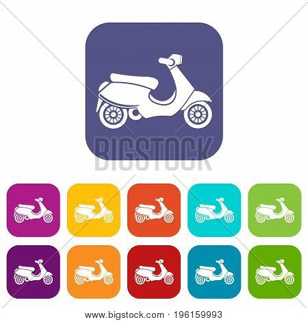Vespa scooter icons set vector illustration in flat style in colors red, blue, green, and other