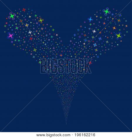 Air Drone source stream. Vector illustration style is flat bright multicolored iconic air drone symbols on a blue background. Object fountain combined from random pictographs.