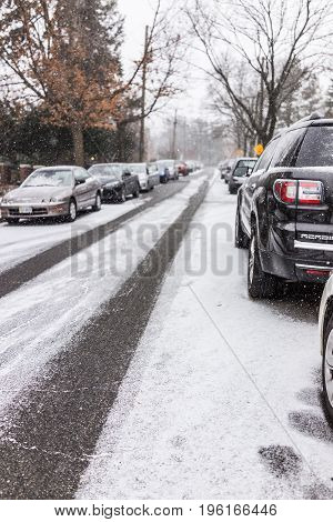 Washington Dc, Usa - January 7, 2017: Winter Snow Storm On Street With Parked Cars