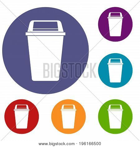 Plastic flip lid bin icons set in flat circle red, blue and green color for web
