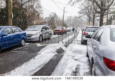 Washington Dc, Usa - January 7, 2017: Winter Snow Storm On Street With Parked Cars