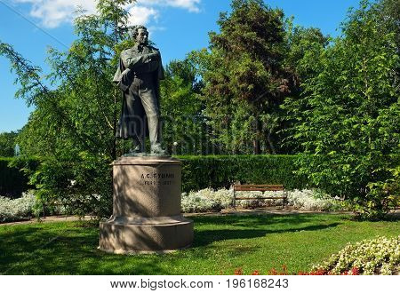 BURGAS BULGARIA - JULY 01 2014: The monument to poet Alexander Pushkin in the city park of Burgas in the summer clear day.