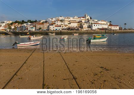 FERRAGUDO, PORTUGAL - APRIL 24, 2017: Picturesque view of Ferragudo fishing village in Algarve, Portugal